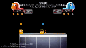 Two evolved NEAT agents fighting in a Smash Bros style game